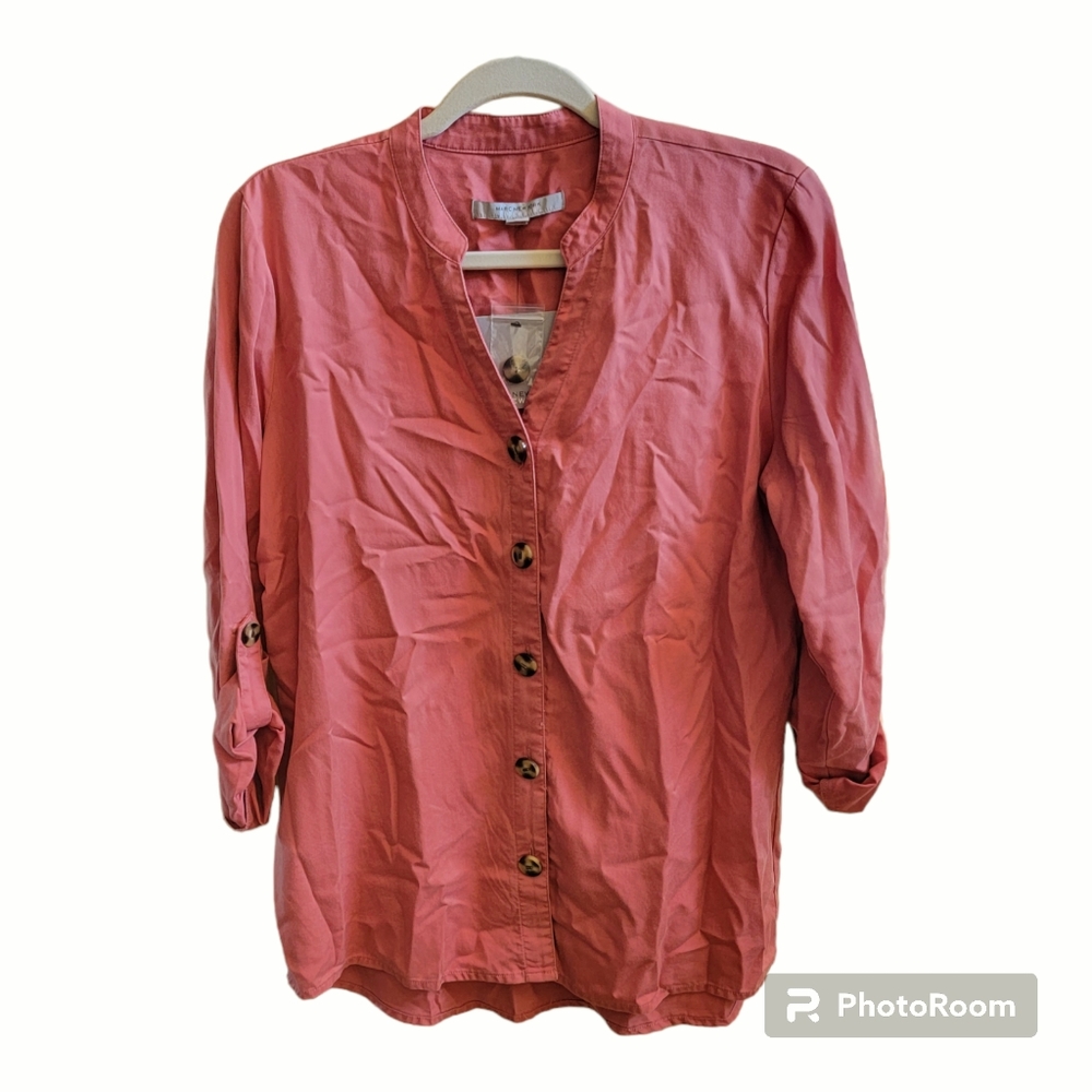 Marc New York Andrew Marc Womens Button Top Roll-Up Tab Sleeve Cedar Size M NWT